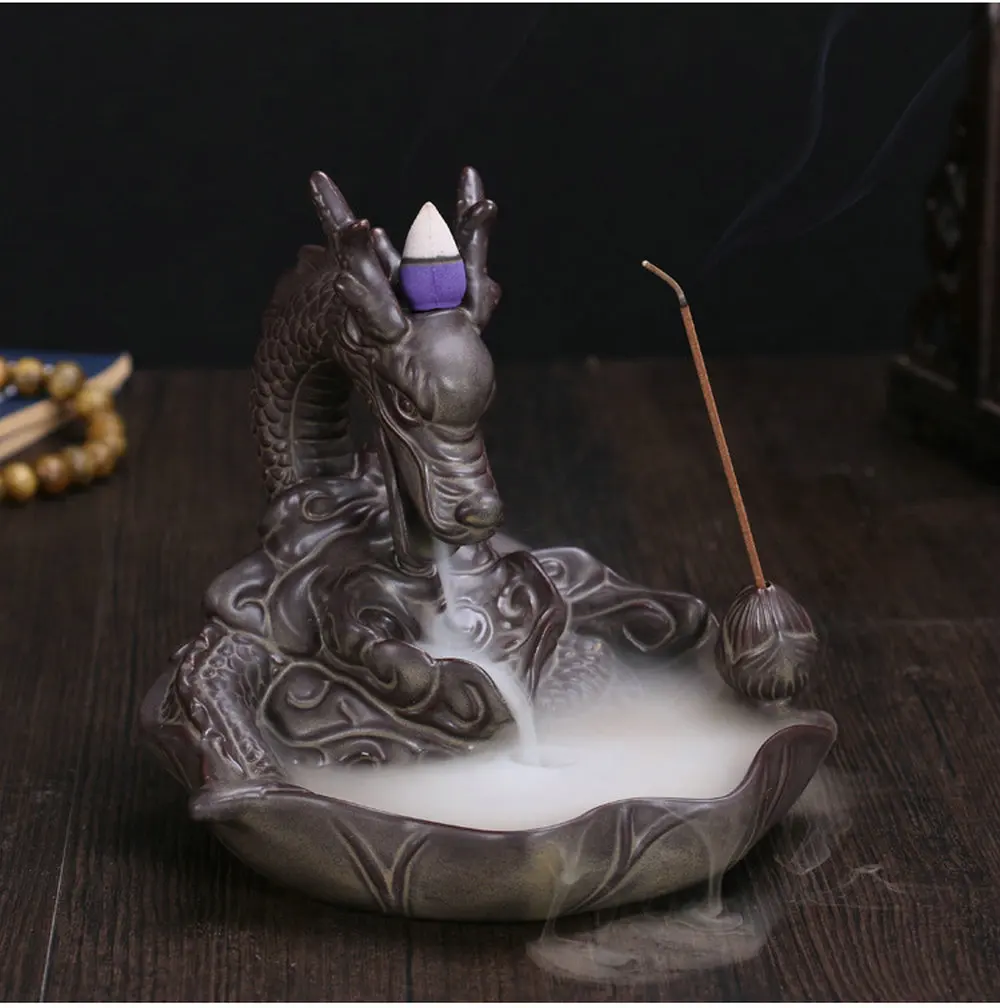 Ceramic Dragon Incense Burner Carp Change Smoke Backflow Cone Stick Incense Holders Home Office Furnishing Articles +10 cones