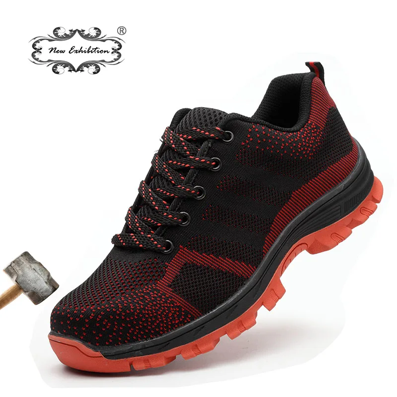 

New Exhibition Men Breathable flying woven mesh safety shoes Anti-piercing Steel Toe Work Boots Outdoor Protective sneaker 35-48