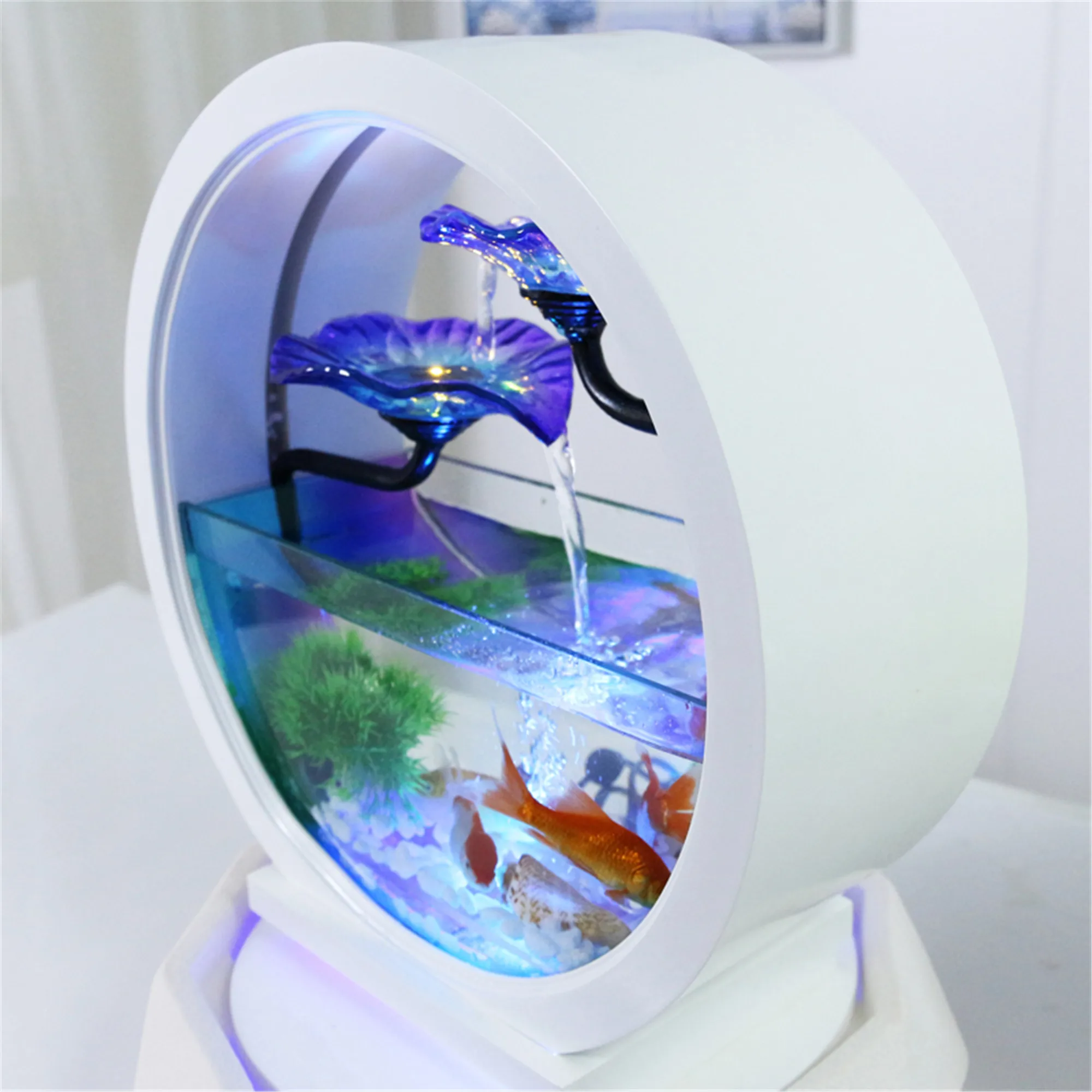 Desktop Water Fountain Small Fish Tank Creativity Table Top Round White Glass Aquarium Office Indoor Decoration Waterfall Kit image 4