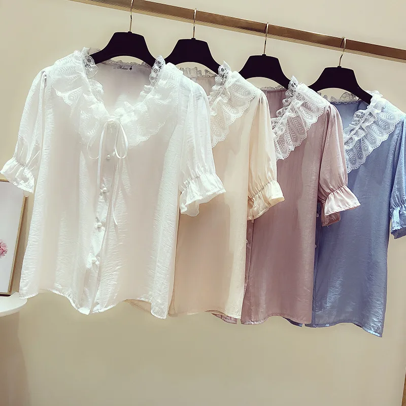 Sweet Lace Bowknot Shirt Women\'s Summer Short Sleeve V Collar Blouse Top Girl Pure Color New Korean Preppy Style Shirts H9155