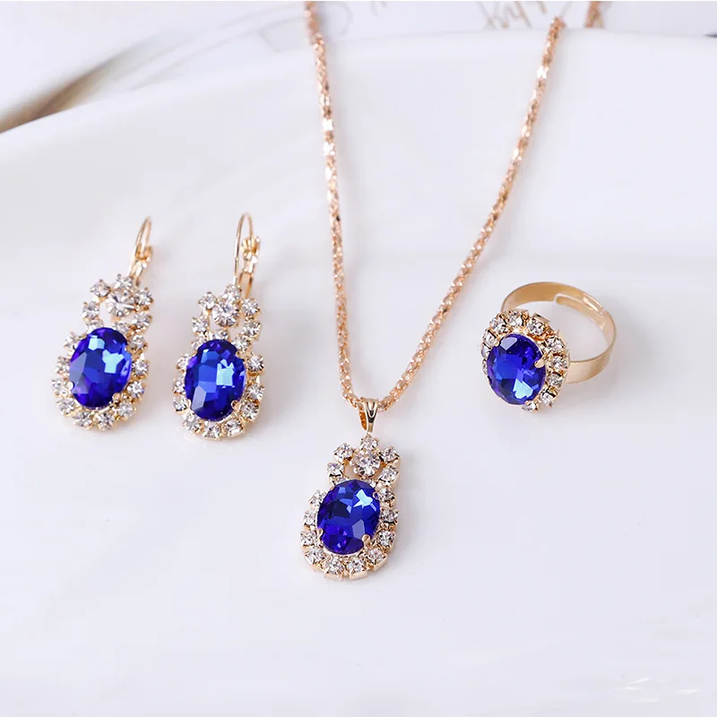 2019 Fashion Hot-selling Elliptic Gem Claw Chain Set Crystal Necklace Earring Ring Three-piece Set