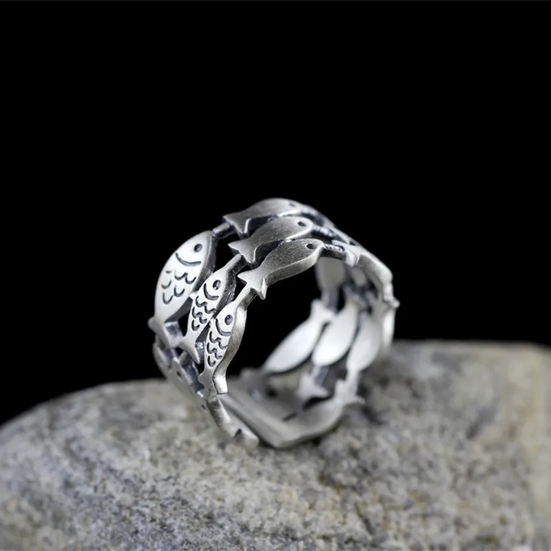 Fashion Antique Silver Plated Open Adjustable Fishes Rings Three Rows Hollow Swimming Fish Rings For Women personality Jewelry