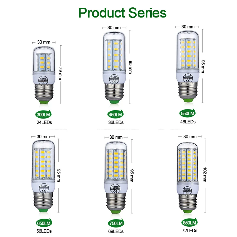 Lâmpada de milho LED para ampola doméstica, E27, E14, SMD5730, 220V, 24, 36, 48, 56, 69, 72LEDs, candelabro, vela