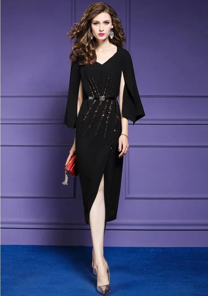 Black fashinable slim Evening Dress  vestido de festa golden sequined 2019 graduation dress elegant sashes formal party dress