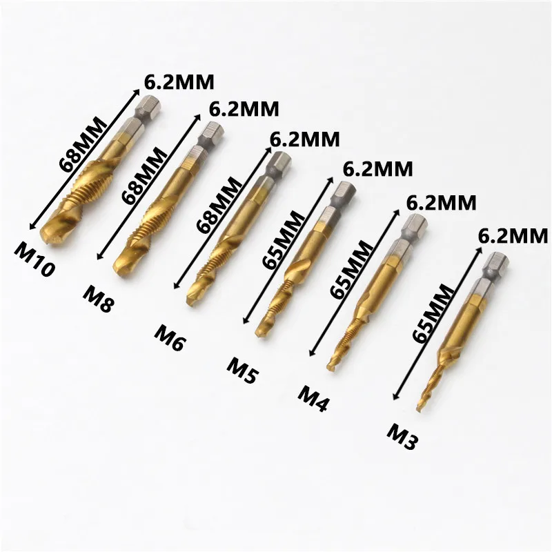 6PCS Titanium Coated HSS M3 M4 M5 M6 M10 Screw Tap Metric Drill Bits 1/4 Hex Shank Countersink Deburr Set Drilling Tools