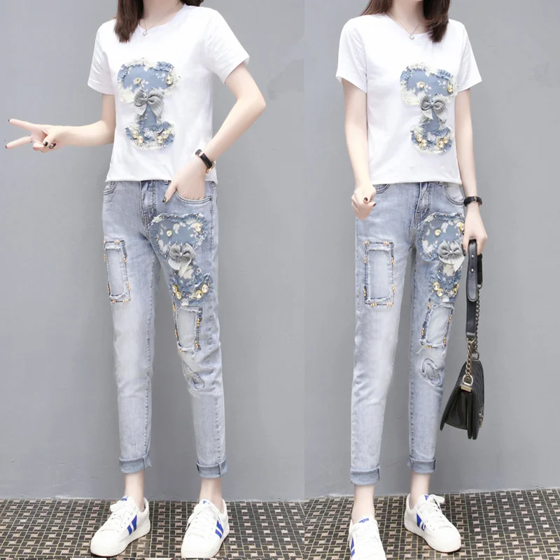 

2019 Women Embroidery Beaded 3D Flowers T-shirts Jeans Sets Summer Short Sleeve Tshirts+Holes Denim Pant Costumes Suits