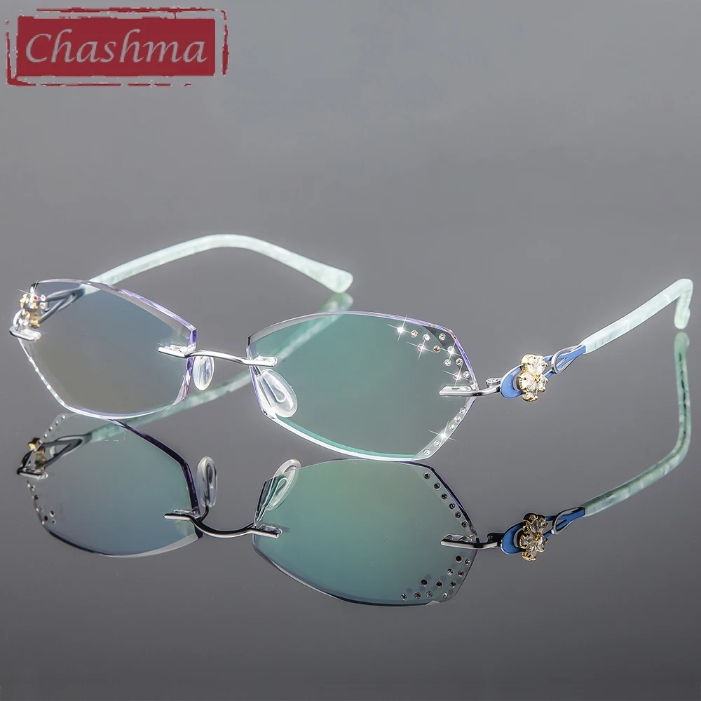 Chashma Luxury Tint Lenses Myopia Reading Glasses Diamond Cutting Rimless Titanium Frame Light Weight Quality Spectacle Women