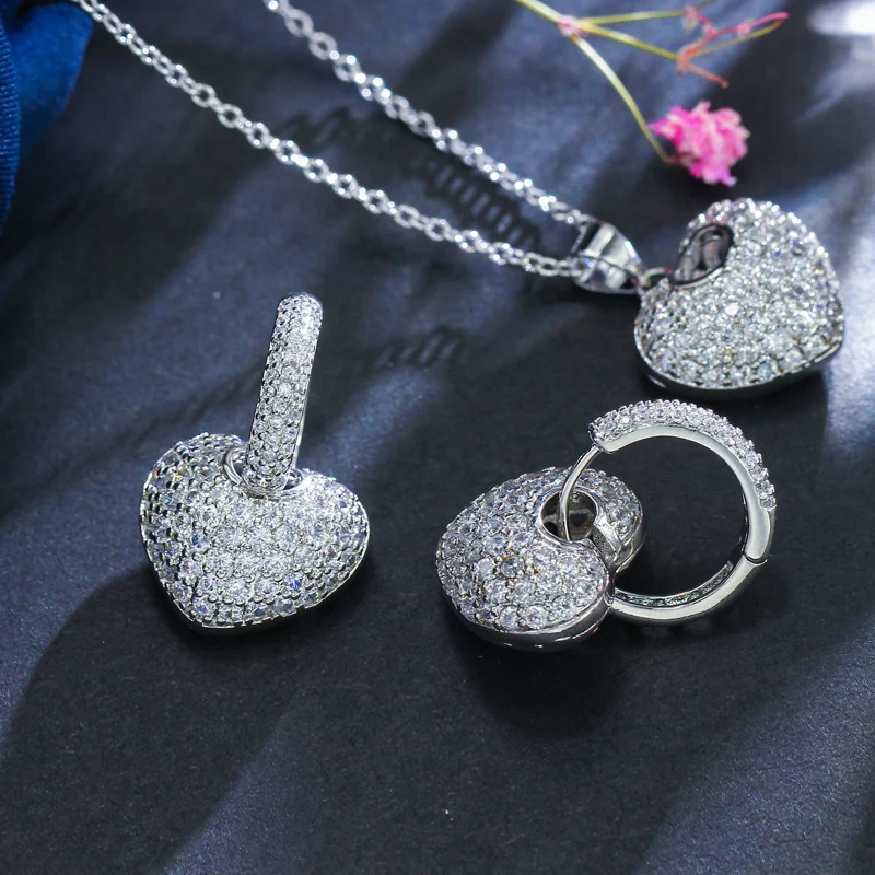 CWWZircons Micro Pave Zirkon Roségoldfarbene Herz-Ohrringe & Halskette, Schmucksets bekannter Marken für Damen, Großhandel T0017 – Detail 4