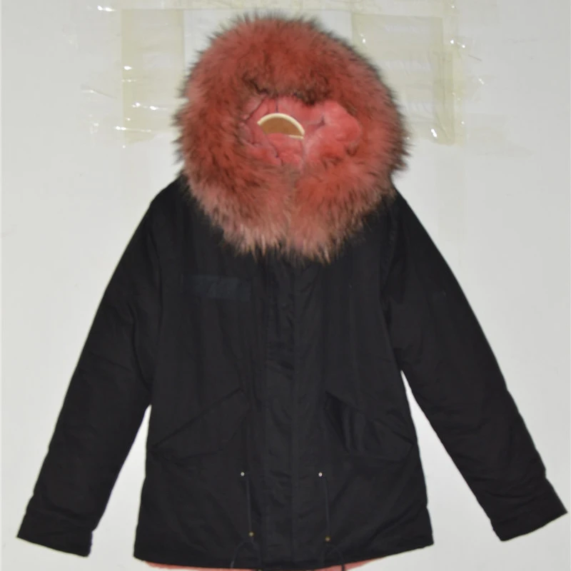 

Black Short Cotton Parka Watermelon Red Faux Fur Lined Overcoat With Raccoon Fur Collar Ladies Women Jacket