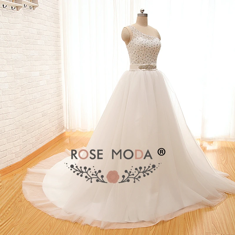 Rose Moda Beaded One Shoulder Princess Wedding Dress with Crystal Sash Real Photos