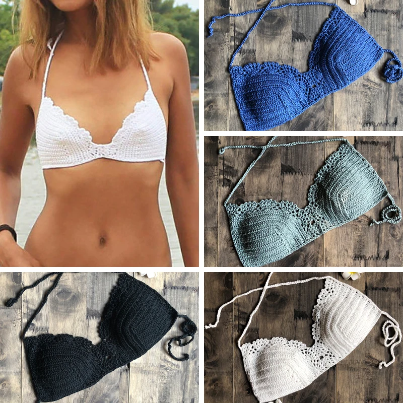 Solid Bikinis 2019 Mujer Swimsuit Crochet White Bikini Top Knit Sexy Bikinis Women\'s Swimming Bra Female Swimwear