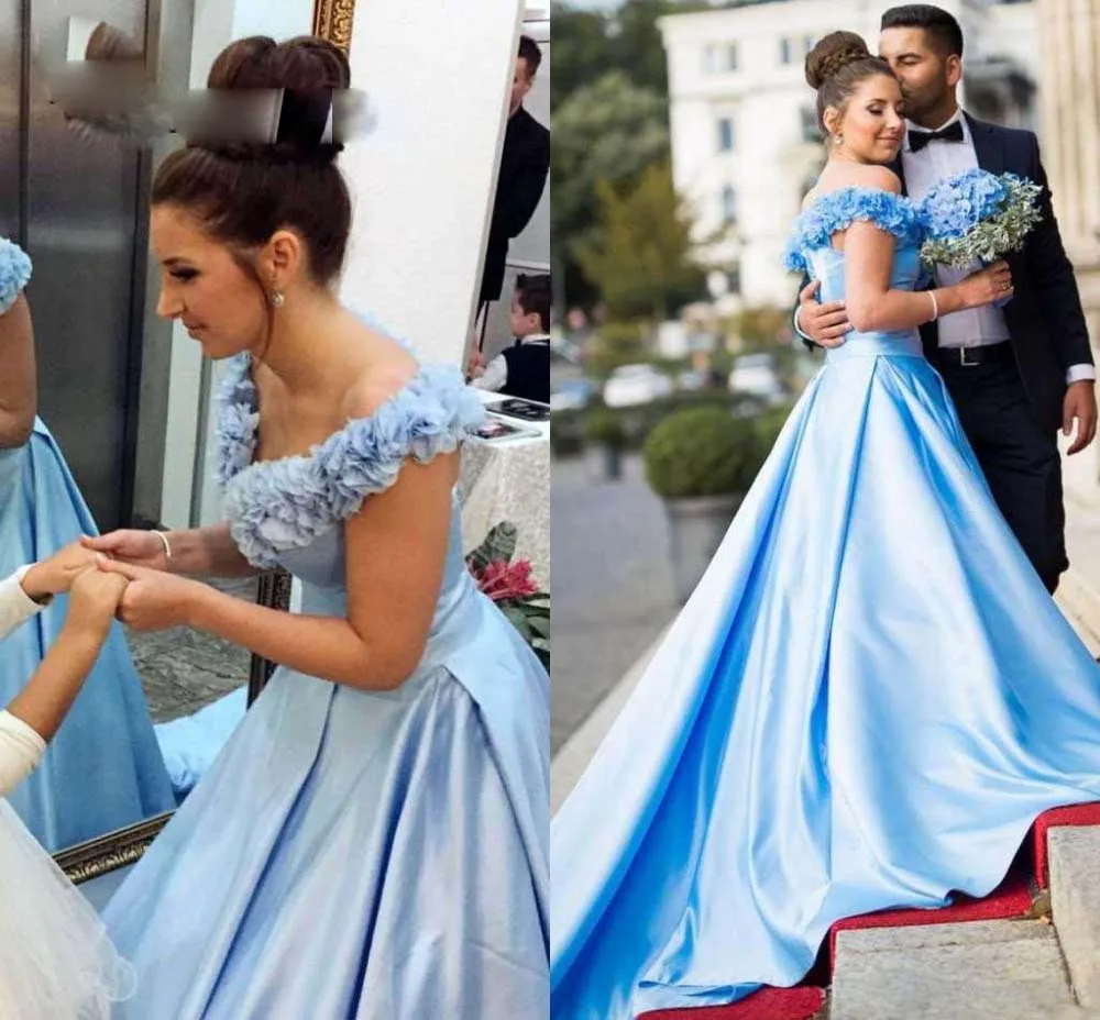 Light Blue Wedding Dresses V-Neck flowers Backless Bridal Gowns Princess Long Floor Length 2020 Vestido De Noiva Custom Made