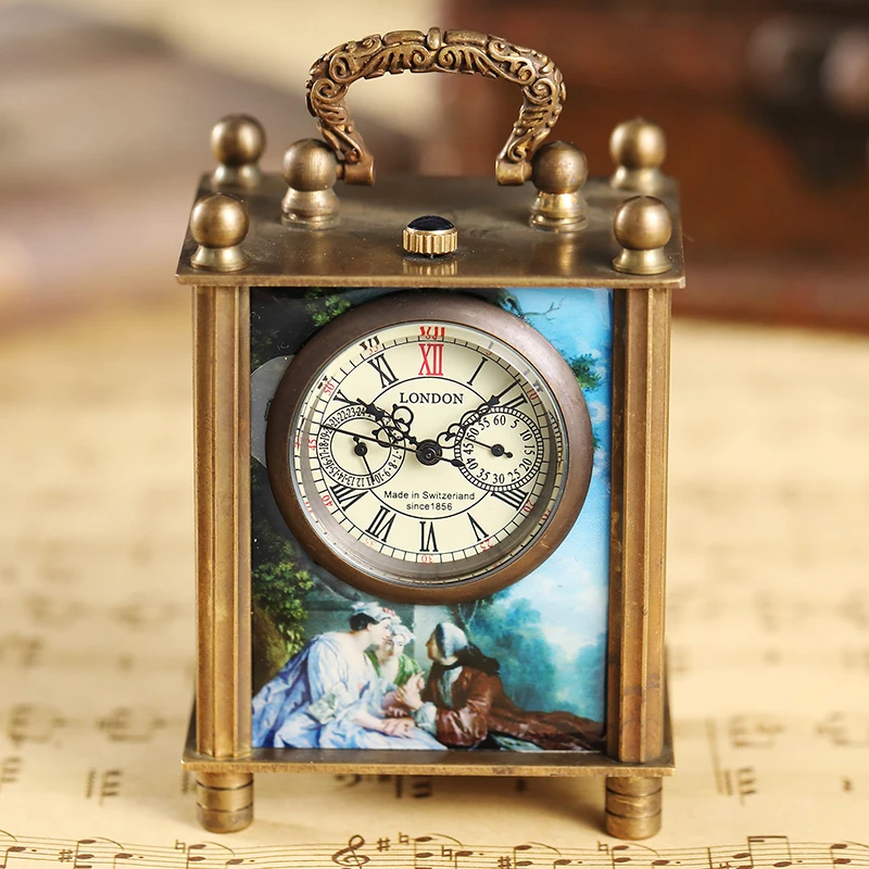 

Unique Painting Mechanical Watch Bracket Clock Vintage Antique Art Oil Painting Square Retro Bronze Home Decoration Watch Clock