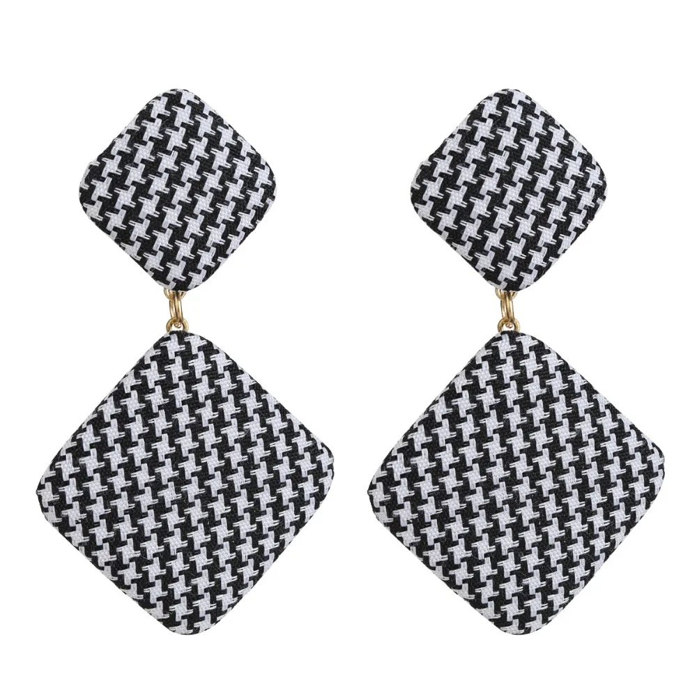 Elegant 4 Colors Houndstooth Plaid Fabric Round Square Geometric Earrings for Women Girls Cloth Jewelry Accessories Gift