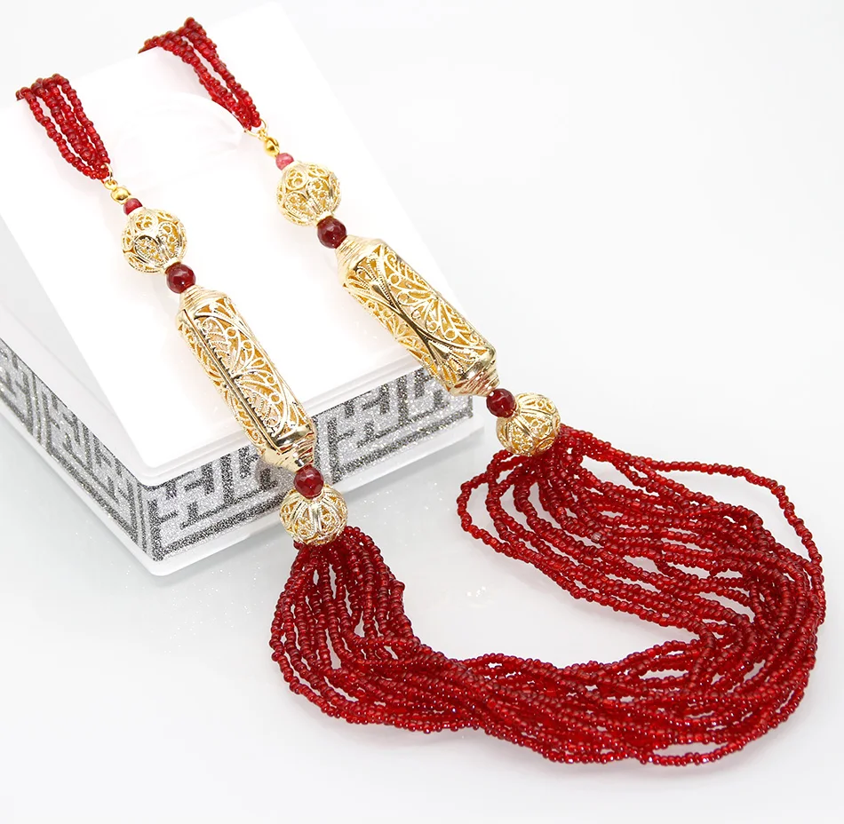 SUNSPICE-MS Fashion Engagement Wedding Jewelry Sets African Beads Bridal Long Necklace Tassels Dangle Earrings Dubai Gold Color