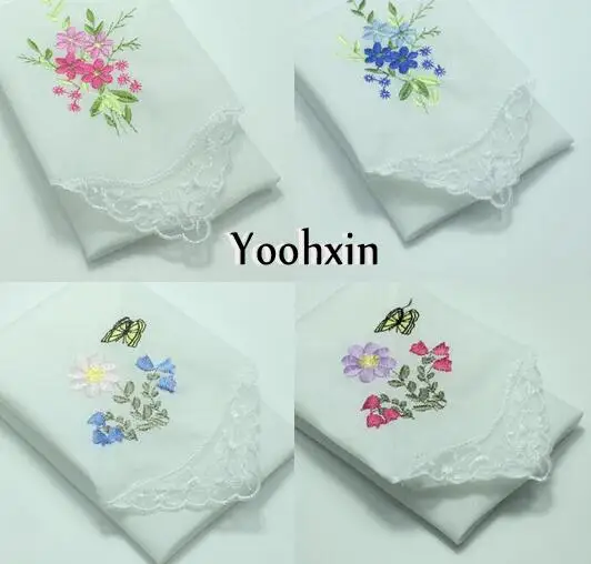 6pcs/lot 28CM Hot white Cotton Handkerchief Embroidered Square Towel Women Men Children Lace Christmas Lady Hanky Wedding Gift