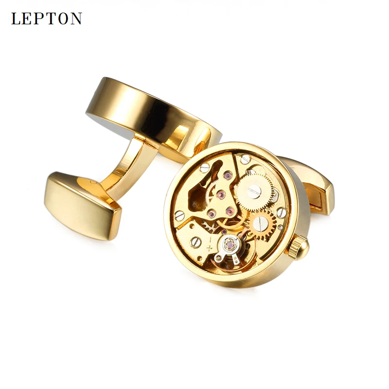 Hot Sale Non-Functional Watch Movement Cufflinks For Mens Lepton Round Gold Color Steampunk Gear Watch Mechanism Cuff links