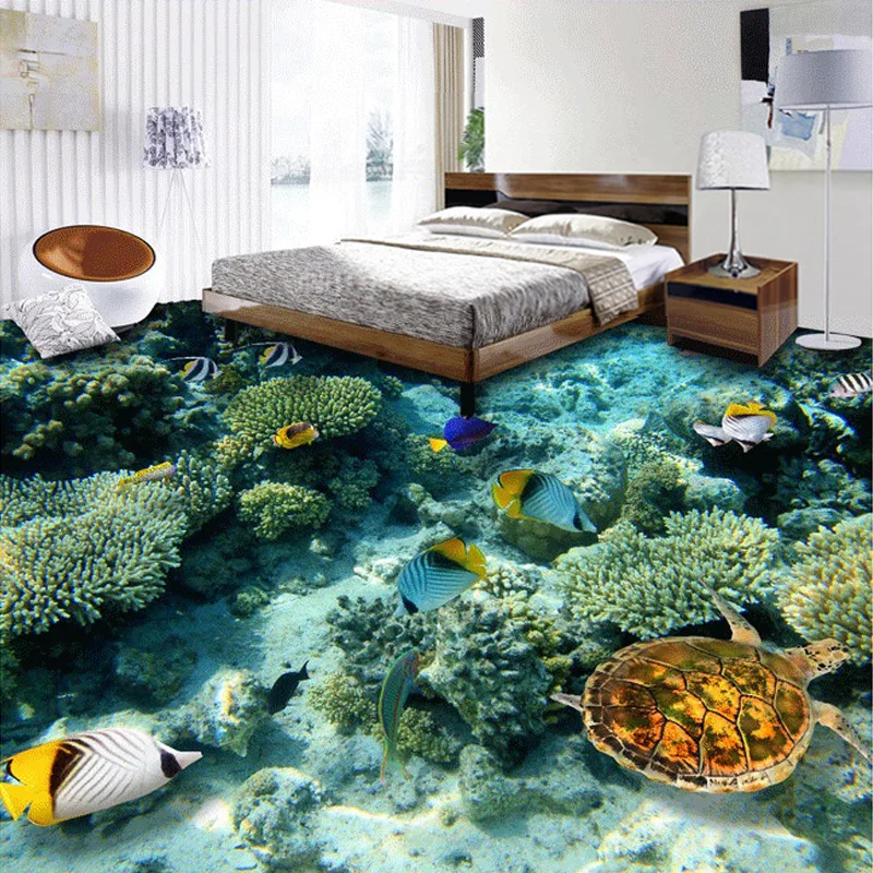 Custom 3D Floor Wallpaper Plastic Coral Sea Turtle Modern Mural Paintings PVC Self-adhesive Waterproof Bathroom Floor 3D Sticker