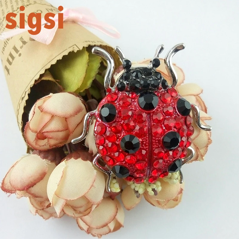 

Hot selling 50mm vintage red ladybird rhinestone crystal brooch pin