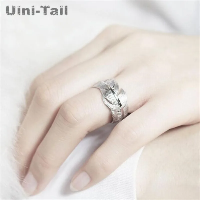 Uini-Tail 2018 hot new 925 Tibetan silver open feather ring adjustable size girl jewelry fashion tide flow high quality jewelry