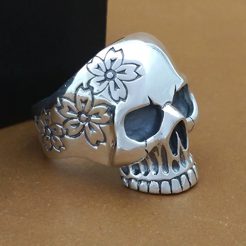 100% 925 Silver Flower Skull Ring Real Sterling Silver Skeleton Ring PUNK Jewelry Man Ring