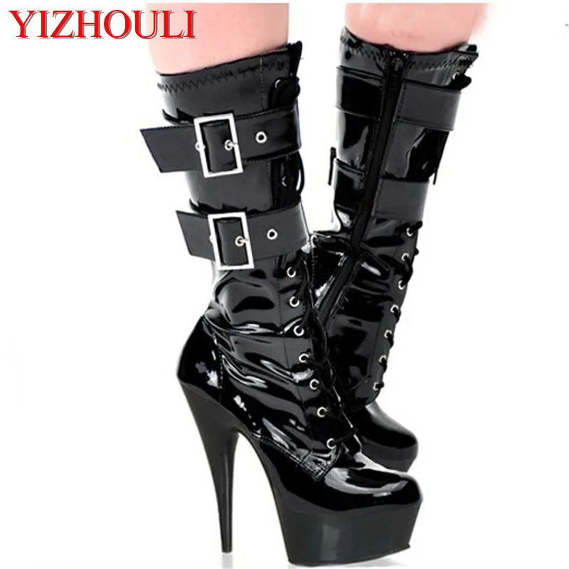 

15cm sexy ladies chic button-down PU leather knee-high boots, 6-inch platform heel stage party boots