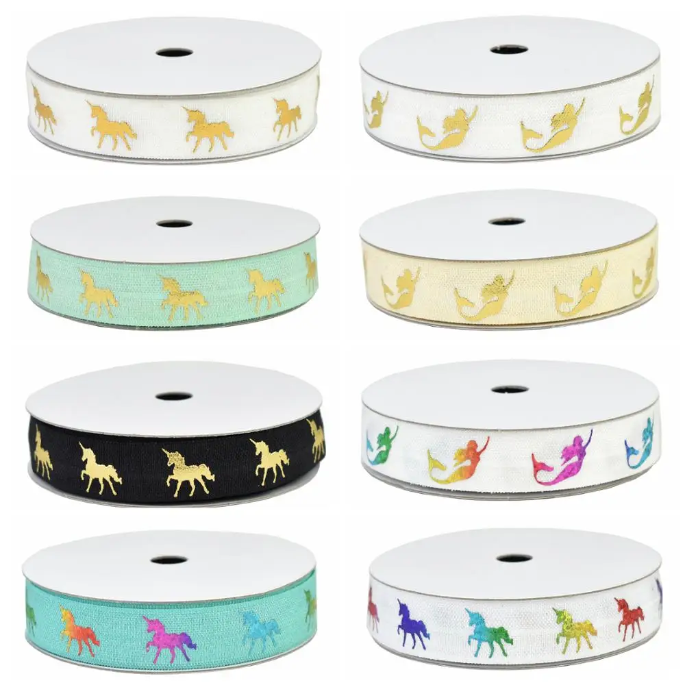 

HSDRibbon 5/8 inch foil Unicorn and mermaid printed on fold over elastic for hair ties 100Yards/Roll