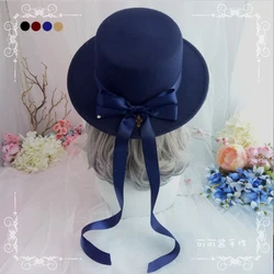 A lolita flat top wide-brimmed autumn and winter woolen hat British retro base gentleman dress hat