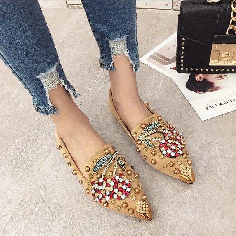 SWYIYV Woman Flats Shoes Rhinestone Cherry 2019 Spring New Female Metal Pointed Toe Casaul Shoes Comfortable Flats Loafers Shoes