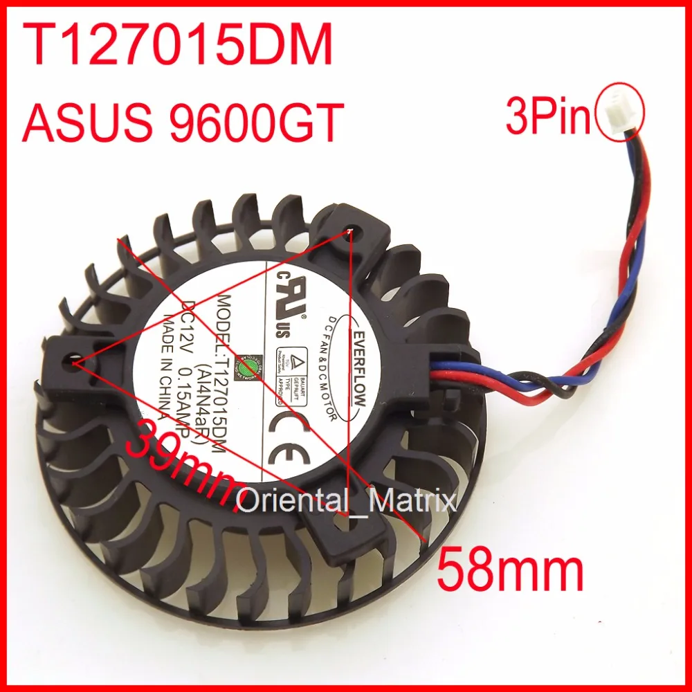 Free Shipping T127015DM 12V 0.15A 3Pin 58mm 39x39x39mm Fan For ASUS 9600GT Graphics Card Cooler Cooling Fan