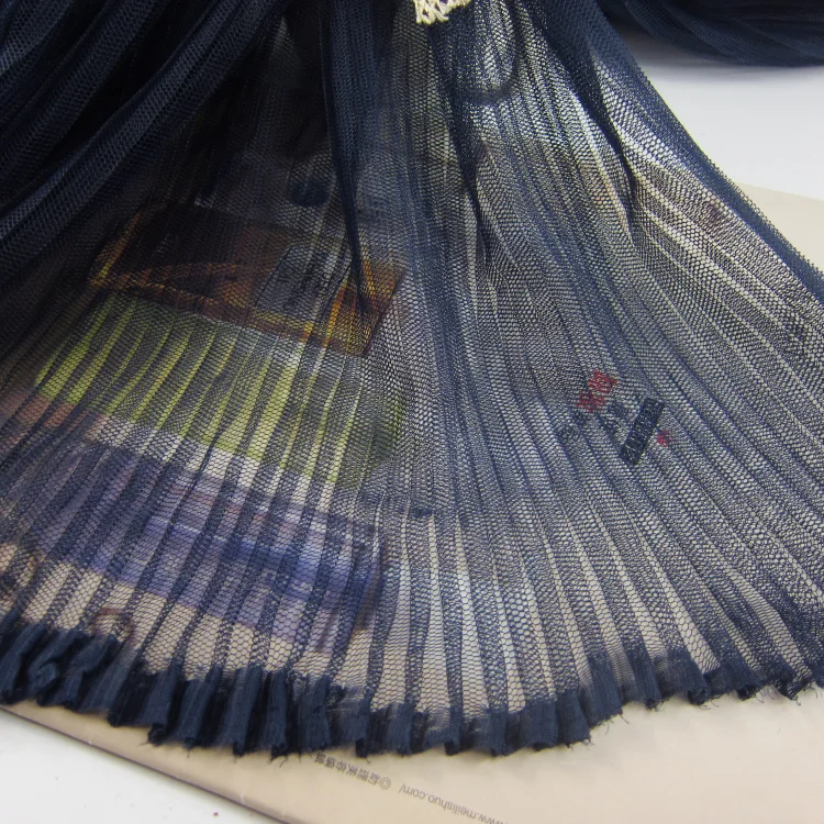 

5 Meters Width 155CM 61" Dark Blue Ruffled Pleated Crumple Mesh Lace Fabric Solid Wedding Dress Clothes Materials LX43