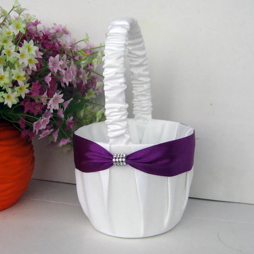 2Pcs/set Satin Wedding Party Decoration Product Ring Pillow + Flower Basket Home Decor White purple Color