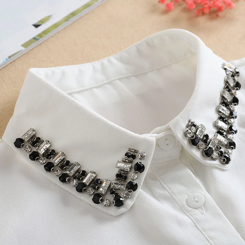 Vintage White Woman Fake Collar Black Crystal Lady Detachable Collar shirt Neckwear False Collar With Beads Clothing Accessories