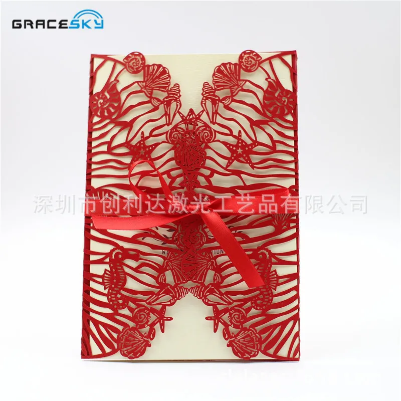 

50pcs free shippig Laser cut Seashell wedding invitations sets,wedding seaside,customized text for wedding RSVP invitation cards