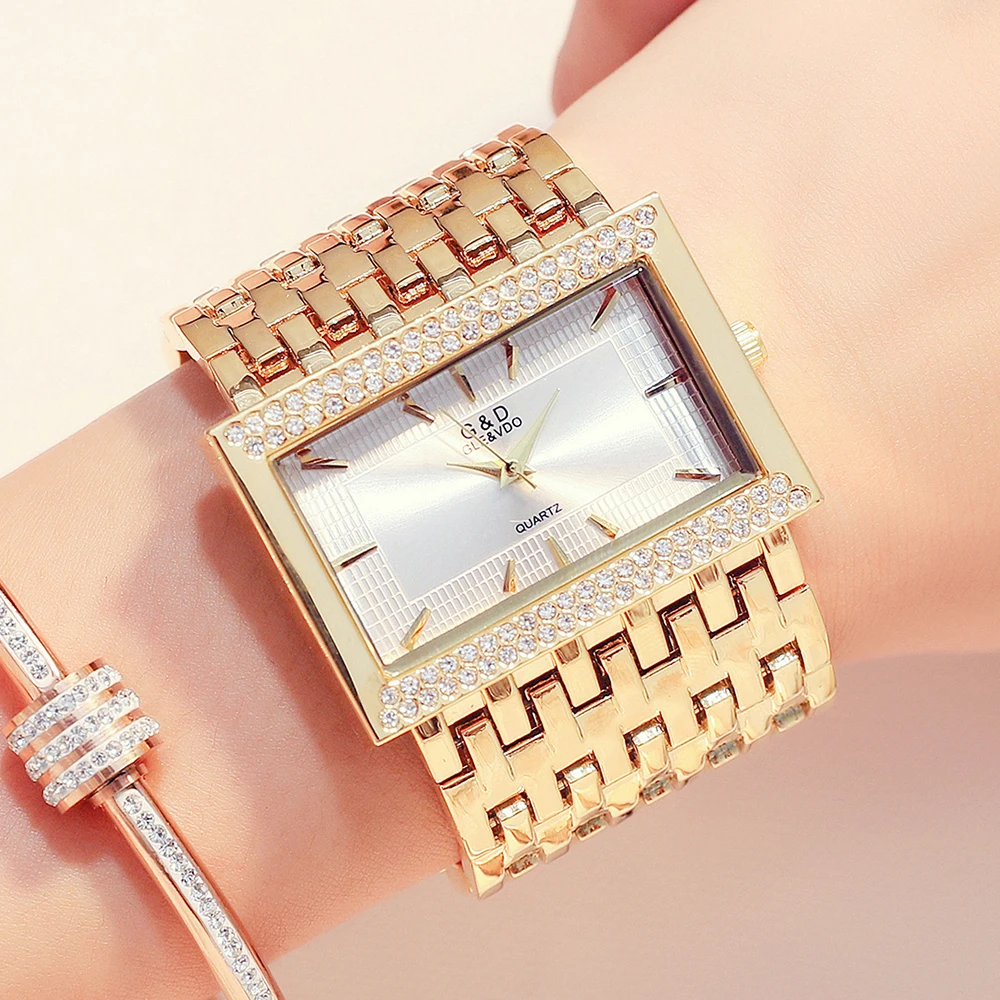 G&D Brand Women Watches Fashion Rectangle Case Quartz Clock Luxury Crystal Golden Bracelet Wristwatch Ladies Watch