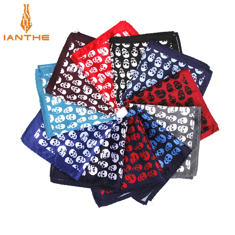 Brand New Men\'s Handkerchief Vintage Skull Print Pocket Square Soft Silk Hankies Wedding Party Business Hanky Chest Towel Gift