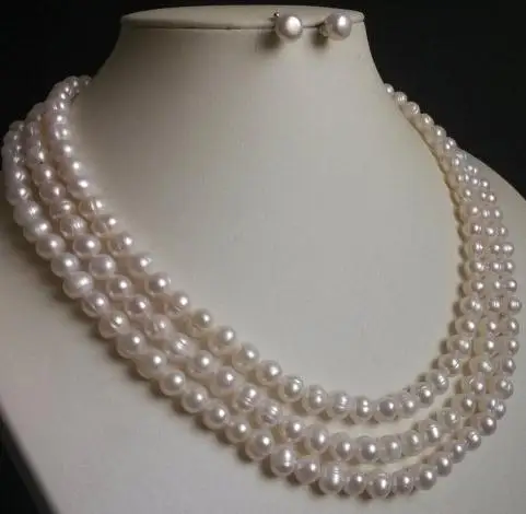 Perfect Pearl Jewelry Set 3 Rows Genuine 7-8mm White Freshwater Pearl Necklace Earrings Wedding Party Gift Jewelry