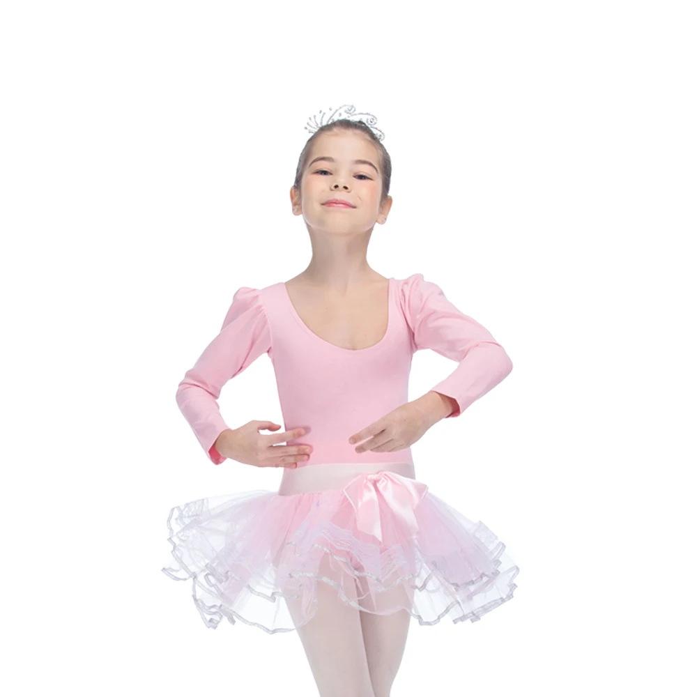 Light Pink Cotton/Lycra Girl's Long Sleeve Leotard with Tutus Skirts for Dance/Girls Ballet Dresses