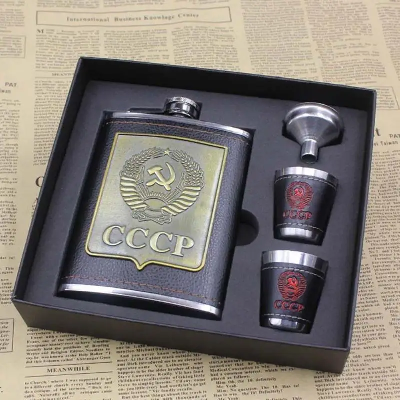 8oz حاوية ستانلس ستيل للكحوليات الورك قوارير ويسكي زجاجة نبيذ قمع أكواب زجاجة أطقم Cccp النقش الكحول الحاويات مع صندوق