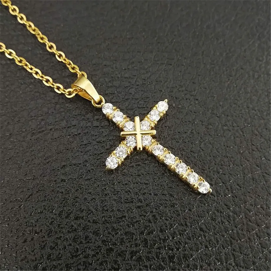 

Iced Out Full Rhinestones Cross Pendants Necklaces Gold Color Stainless Steel Religious Crucifix Necklace For Women/Men Jewelry