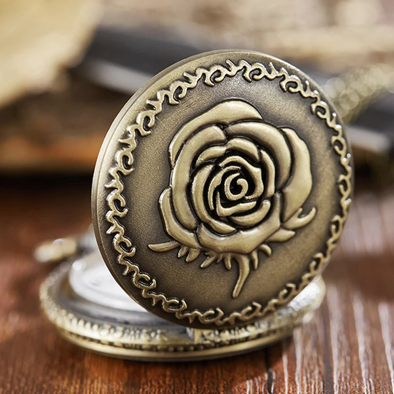 Ancient Pocket Watch Fob Chain Flower Rose Engrave Clock Mens Flip Bronze Case Watch Vintage Male Watches for Men Women Gifts