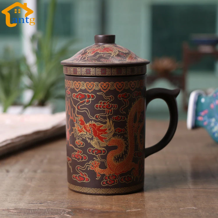 Handmade Yixing Dragon/Beauty Purple Clay Tea Mug with Lid and Tea Infuser Tea Cup Office Water Cup Gift Mug Drinkware