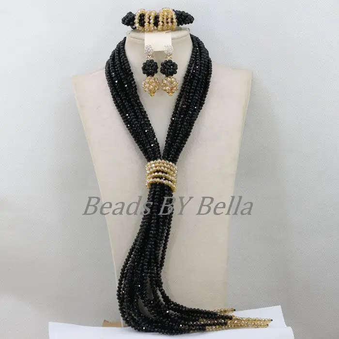 Women Costume African Black Nigerian Crystal African Wedding Beads Jewelry Set Necklace Bridal Jewelry Sets Free Shipping ABF854