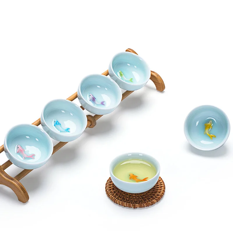 6pcs/set Celadon color goldfish tea cup,Kung Fu TeaCup Set Glaze Travel Tea Bowl Chinese Porcelain Teacup Set Tea accessories