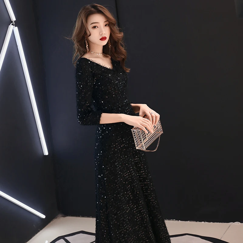 Customized New Evening Dresses The Bride Retro Elegant Black Lace Long Sleeved Party Gown Custom Prom Formal Dresses WY1452