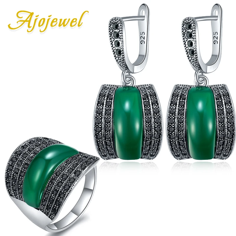 Ajojewel Classic Dark Green Stone Ring Earrings Set High Quality Vintage Jewelry Women\'s Party Gift HOT