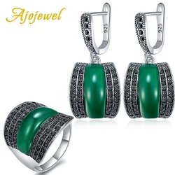 Ajojewel Classic Dark Green Stone Ring Earrings Set High Quality Vintage Jewelry Women's Party Gift HOT