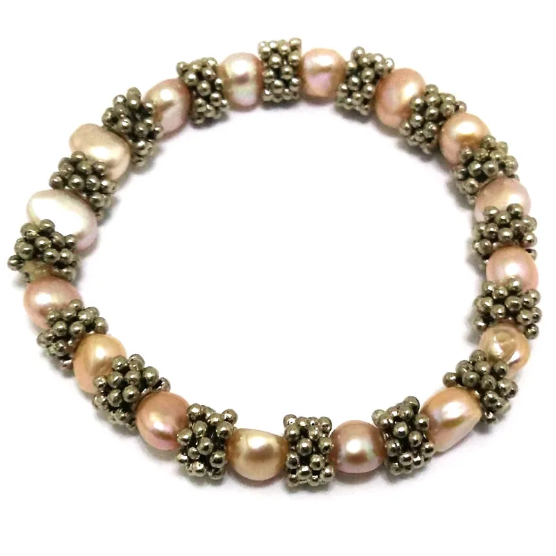 Wholesale 8 inches 8-9mm Natural Pink Baroque Pearl Silver Elastic Bracelet