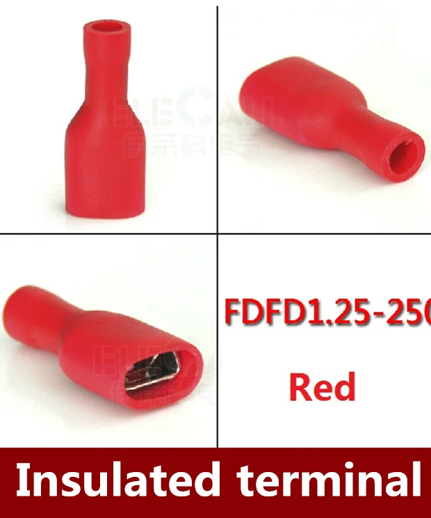 

500pcs/lot FDFD1.25-250 22-16AWG Fully Insulated RED Female Electrical Spade Crimp Connector Terminals Free shipping