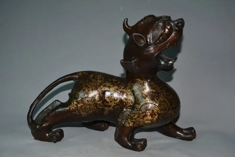 Old Chinese Gilt flowers brass mythical wild animal statue,Free shipping